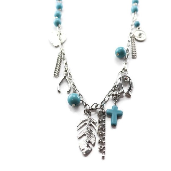 Thalia Sodi Two-Tone Beaded Charm Feather Horseshoe Necklace Turquoise - Picture 2 of 5